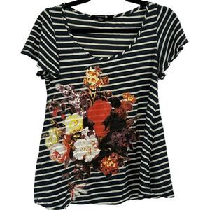 Y2K Forever 21 Navy White Striped Floral Graphic Tee Modal Soft Casual Medium
